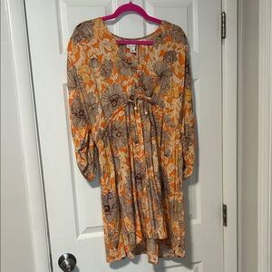 Elegant Floral Long Sleeve Dress in Orange and Brown